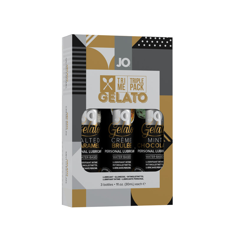 JO Limited Edition Tri Me Triple Pack GELATO featuring three flavored lubricants: Salted Caramel, Creme Brûlée, and Mint Chocolate in elegant packaging.